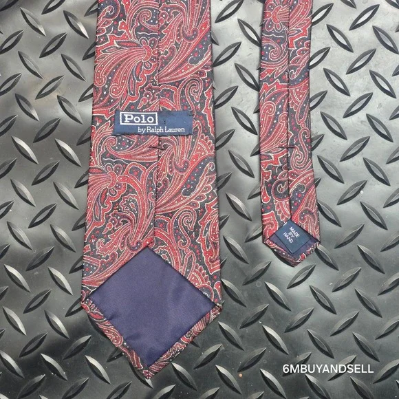 Polo Ralph Lauren Silk Tie Red Navy Blue Paisley Hand Made USA 3.75 Inch Width - Picture 3 of 6